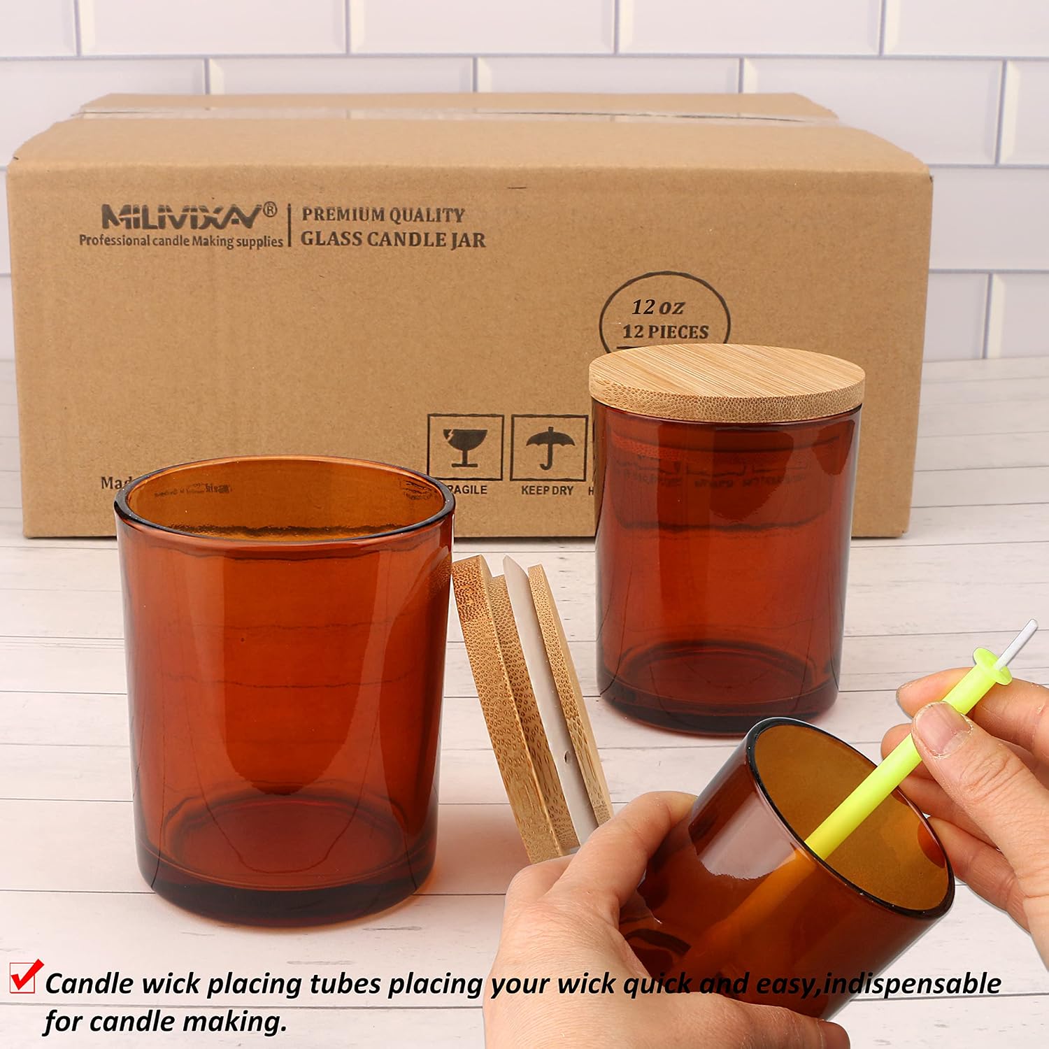 12 Pack 12 OZ Amber Glass Candle Jars with Lids and Candle Making Kits - Bulk Empty Candle Jars for Making Candles