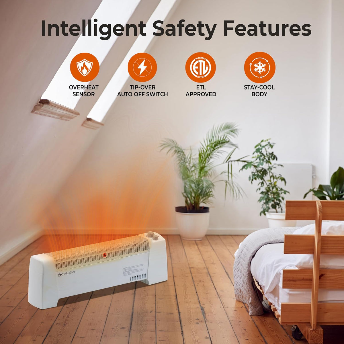 Comfort Zone Electric Baseboard Space Heater with Adjustable Thermostat, Dent-Proof End Panels, Overheat Protection