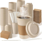 50 Sets Compostable Coffee Cups, Lids Sleeves Straws,12oz,Natural