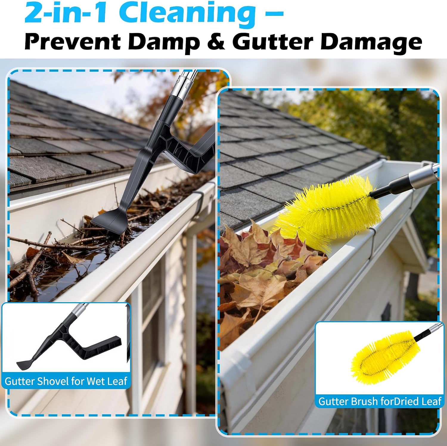 13FT Upgraded Gutter Cleaning Tools - Adjustable Long-Reach Rain Gutter Cleaning Brush, No Ladder Needed Removes Leaf