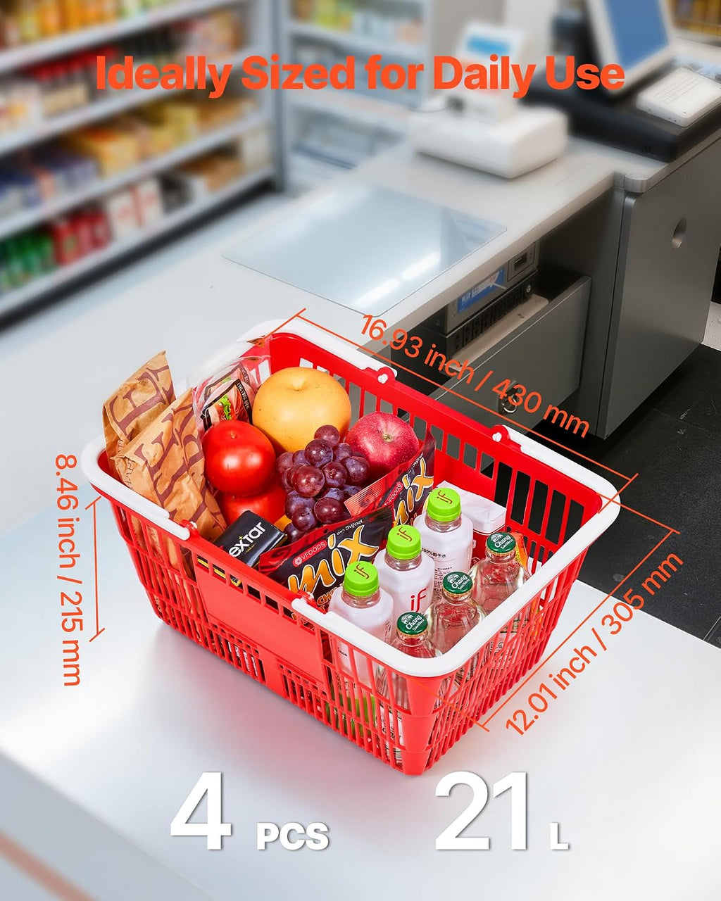 Shopping Baskets, 4 PCS, 21L Stackable PE Plastic Grocery Baskets with Handles, Dense Mesh Structure, Holds up to 20