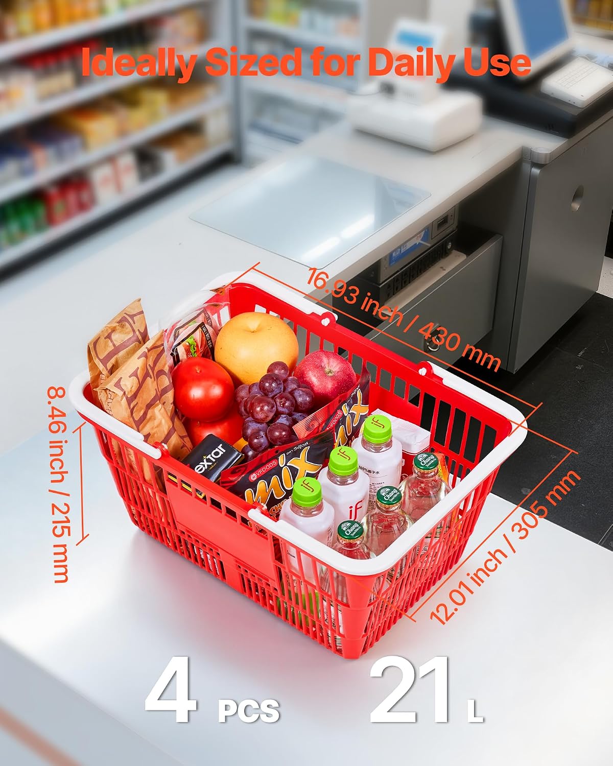 Shopping Baskets, 4 PCS, 21L Stackable PE Plastic Grocery Baskets with Handles, Dense Mesh Structure, Holds up to 20