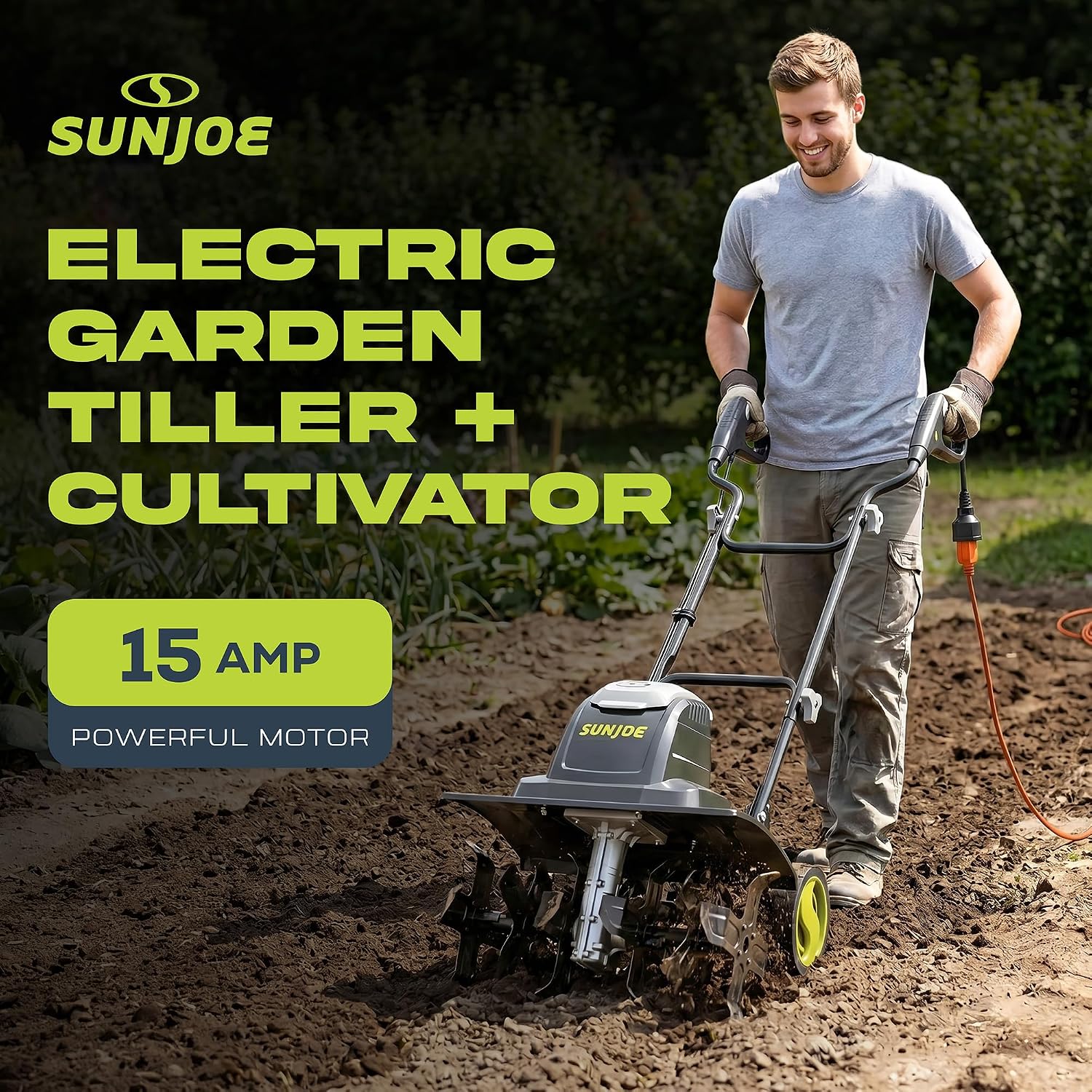 Corded Electric Garden Tiller & Cultivator with 15-Amp Motor and 6 Steel Tines – Heavy-Duty Rototiller with 15.7"