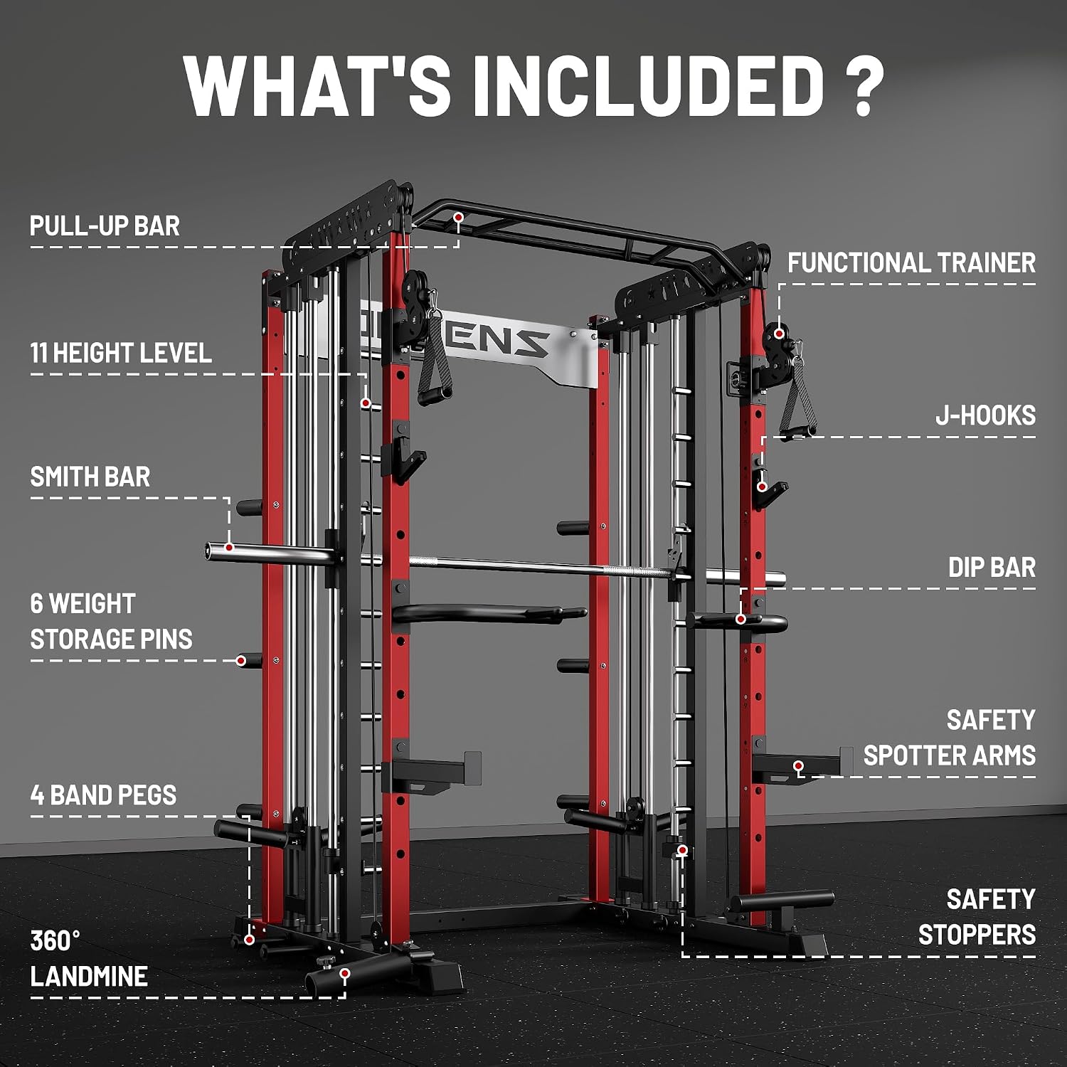 Smith Machine for Home Gym, Multi-Function M12 Power Cage with Cable Crossover System, Squat Rack with Smith Bar and