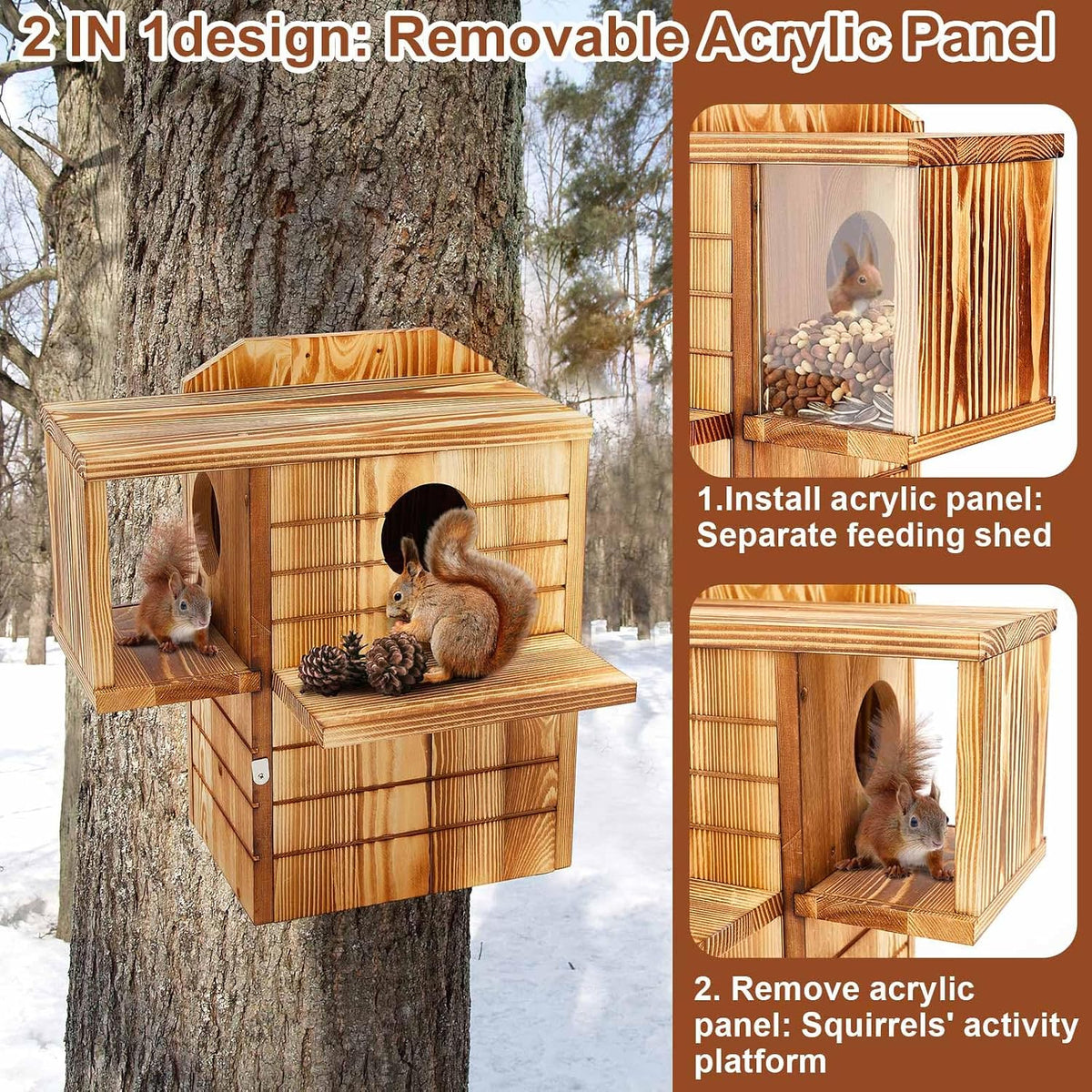 2in1 Squirrel House Wooden Feeder Multi Platform,1 Floor, 2 Exit