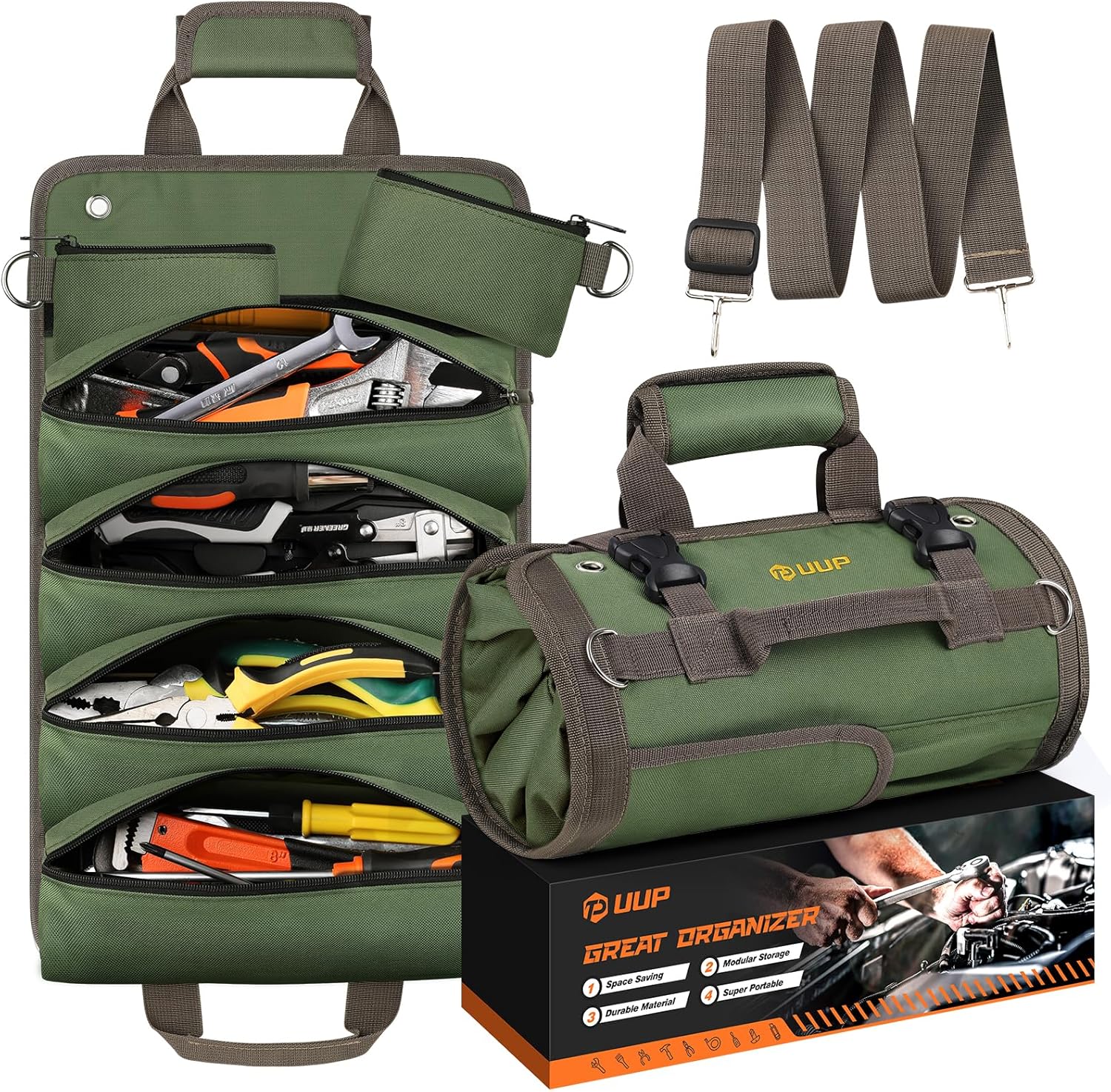 Tool Bag Roll Up, UUP Heavy Duty Portable Soft Tool Storage, Foldable Empty Rollup Organizer with Small Pockets
