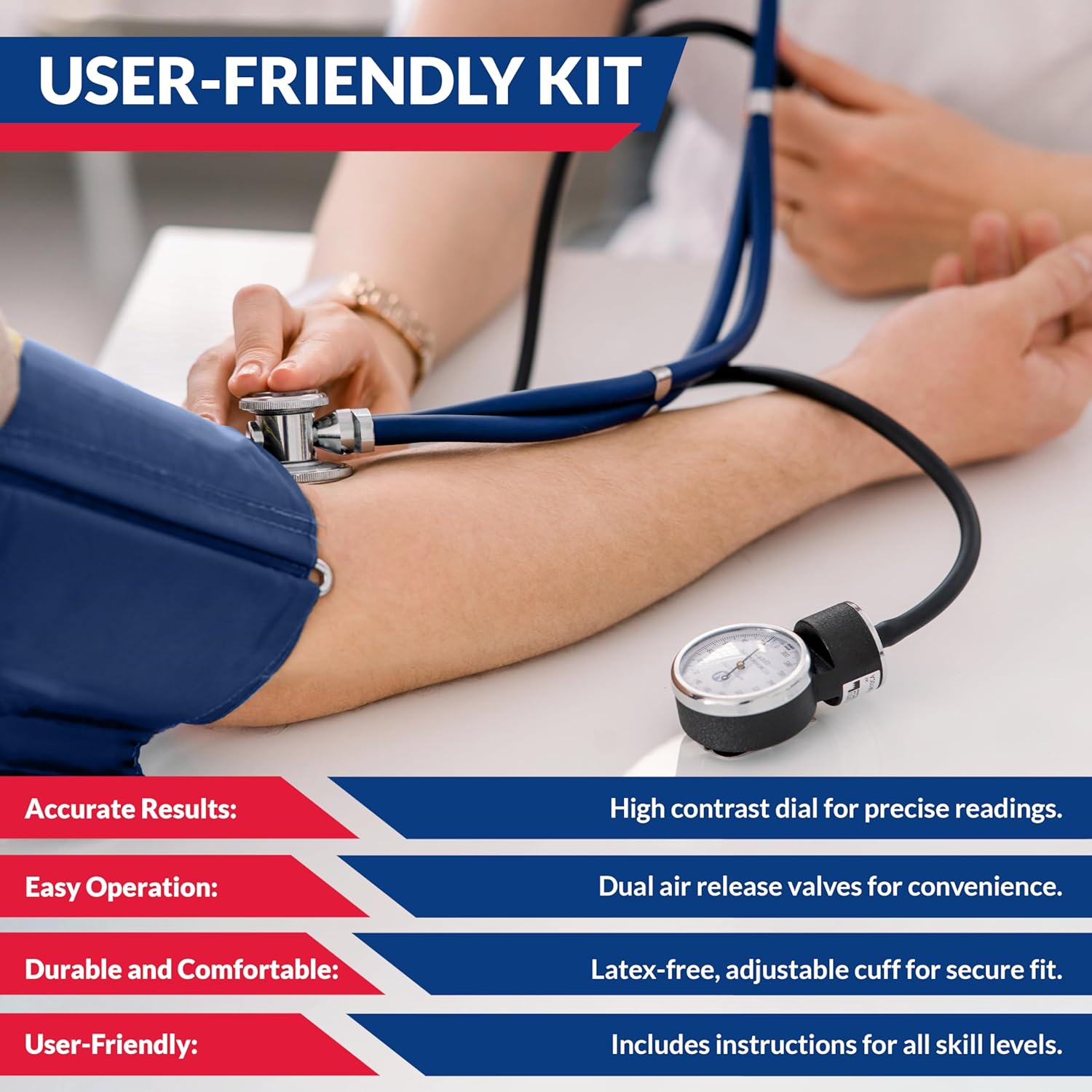 Aneroid Sphygmomanometer and Dual Head Stethoscope Set with Adult Size Blood Pressure Cuff, Calibration Key and