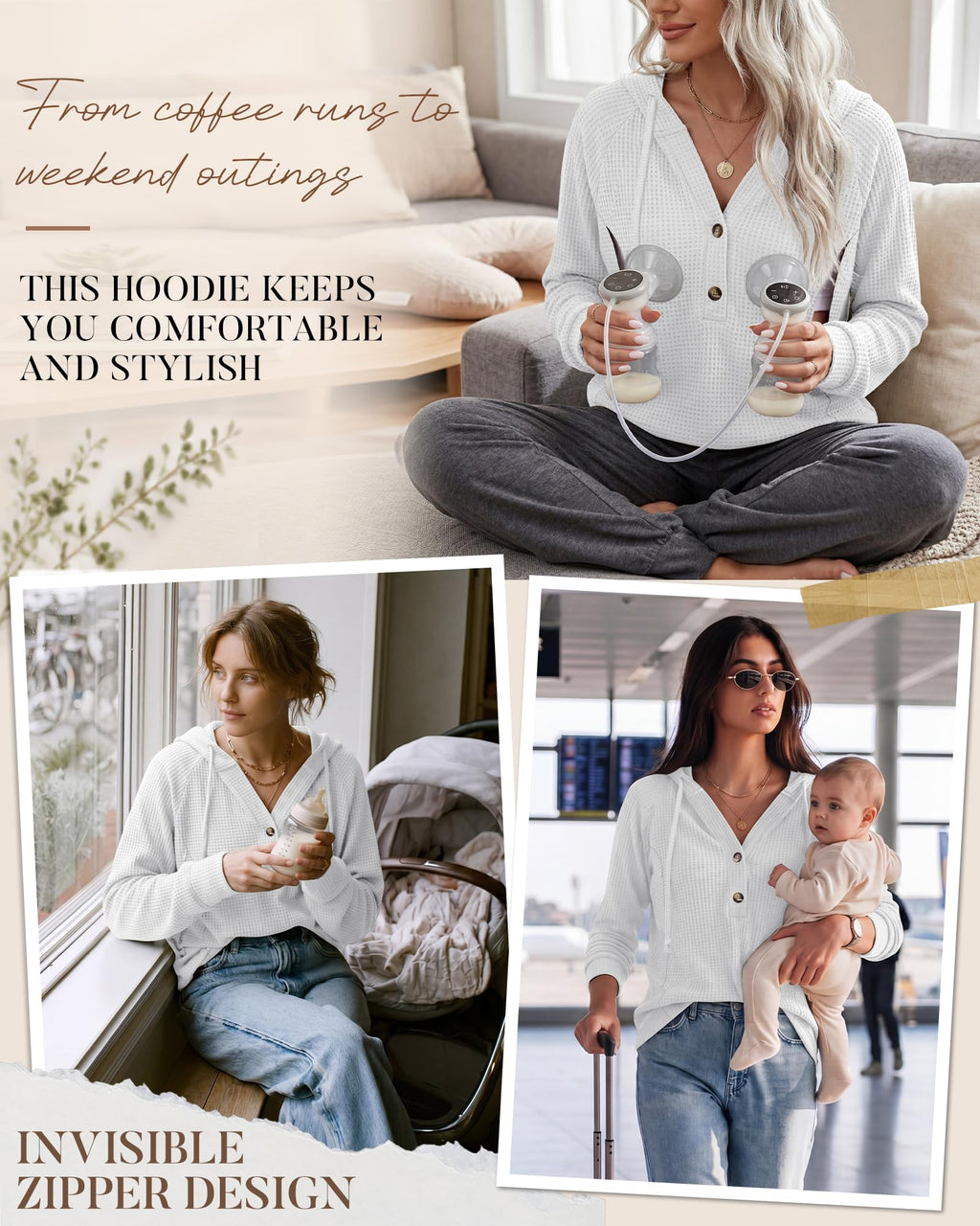 Women's Nursing Hoodies Breastfeeding Shirts M White