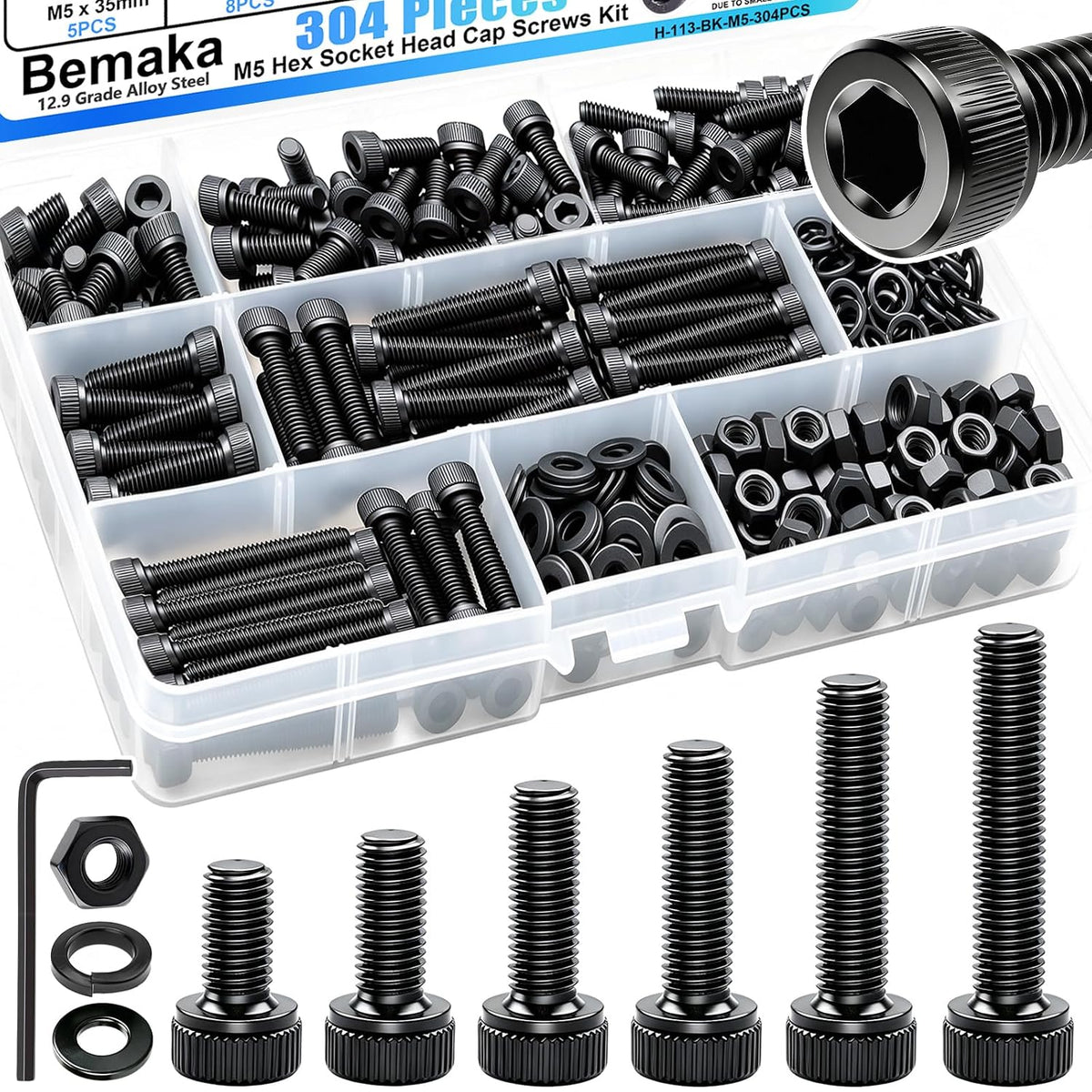 304PCS M5 Screws Kit with Nuts and Washers, M5x8/12/16/20/30/35mm