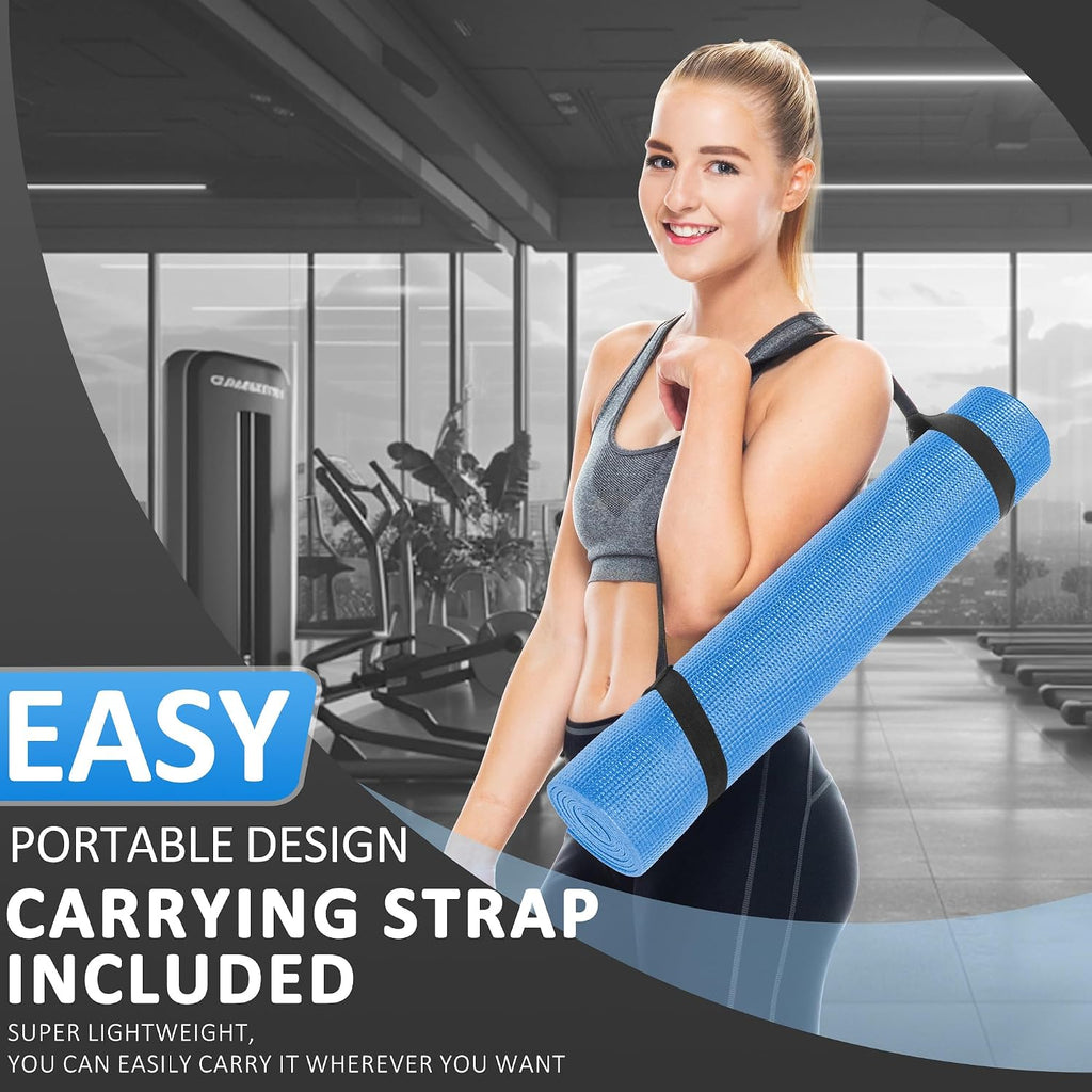 Signature Fitness All Purpose 0.25 Inch Thick High Density No Tear Exercise Yoga Mat with Strap & Lightweight