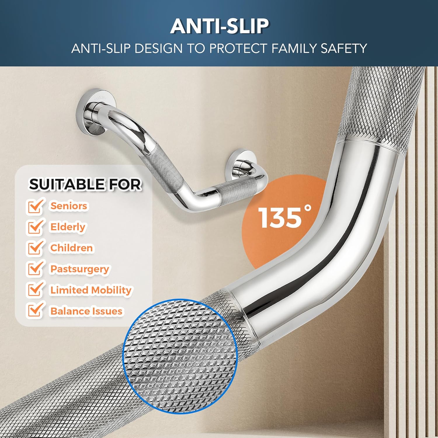 Grab Bars for Bathtubs and Showers- 1-1/4 x 16 Angled Shower Grab Bar for Seniors Knurled Stainless Steel Handicap