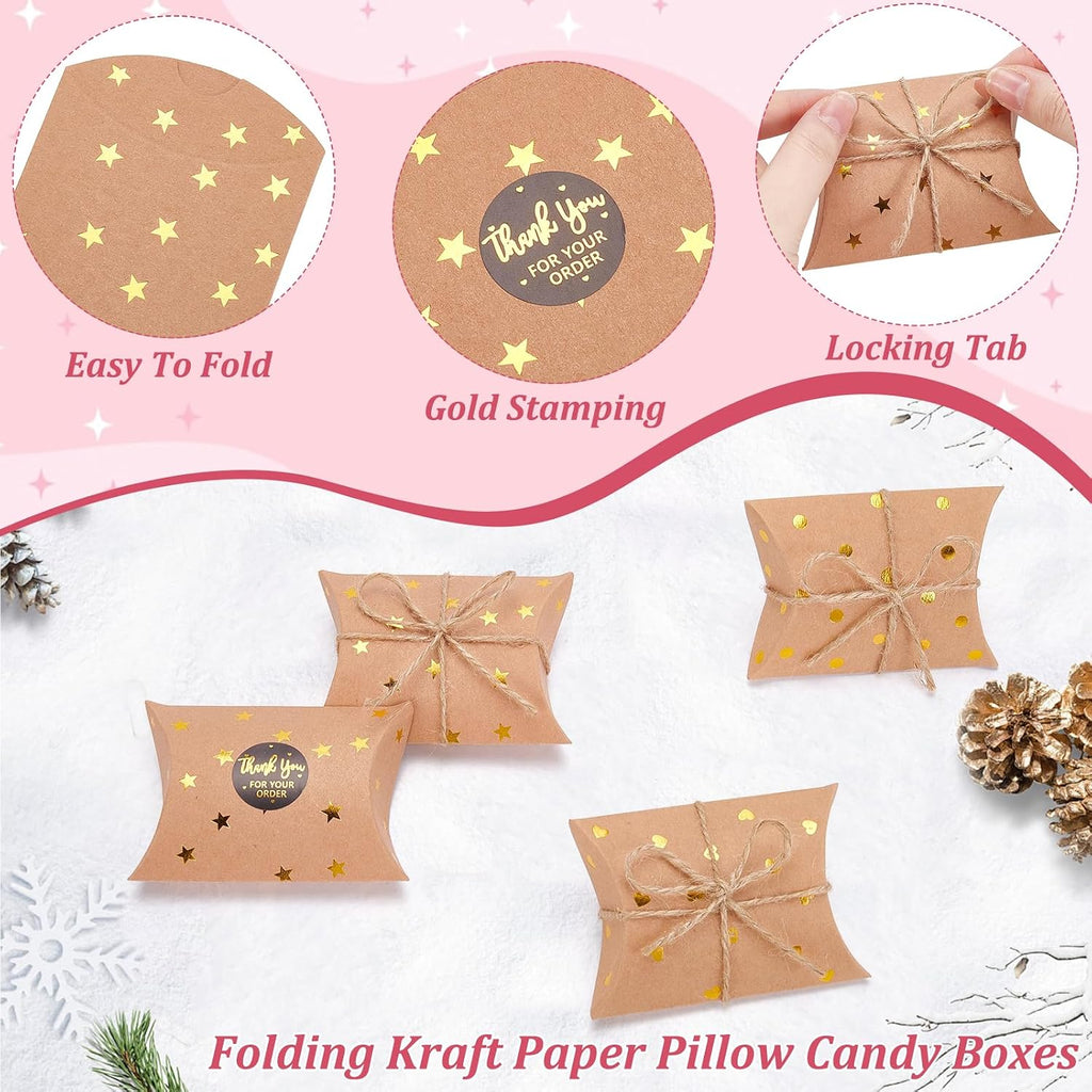 300Pcs Small Gift Pillow Boxes, 3.6x2.5x1Inch Pillow Gift Boxes Foldable Gift Box with Hemp Cord and Paper Stickers