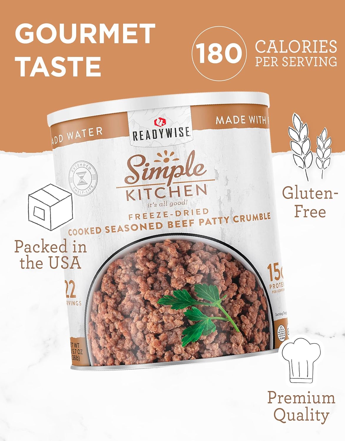 Simple Kitchen Seasoned Ground Beef Crumbles, 22 Servings – Freeze-Dried Meat for Emergency Food Supply, Long-Term