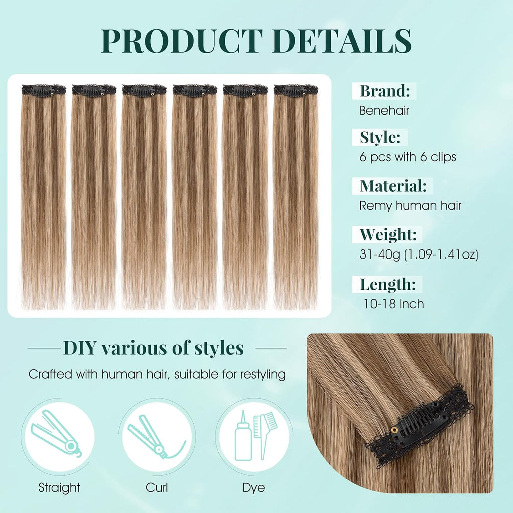6 PCS Clip in Short Hair Extensions Real Human Hair Seamless & Invisible for Women Instant Volume Highlight Length