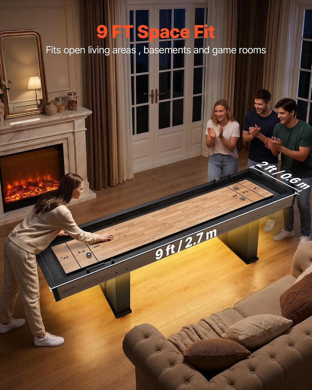 7ft 9ft 12ft Shuffleboard Table for Family Game Room, Shuffle Board with Scratch-Resistant Playfield, Legs, 8 Pucks