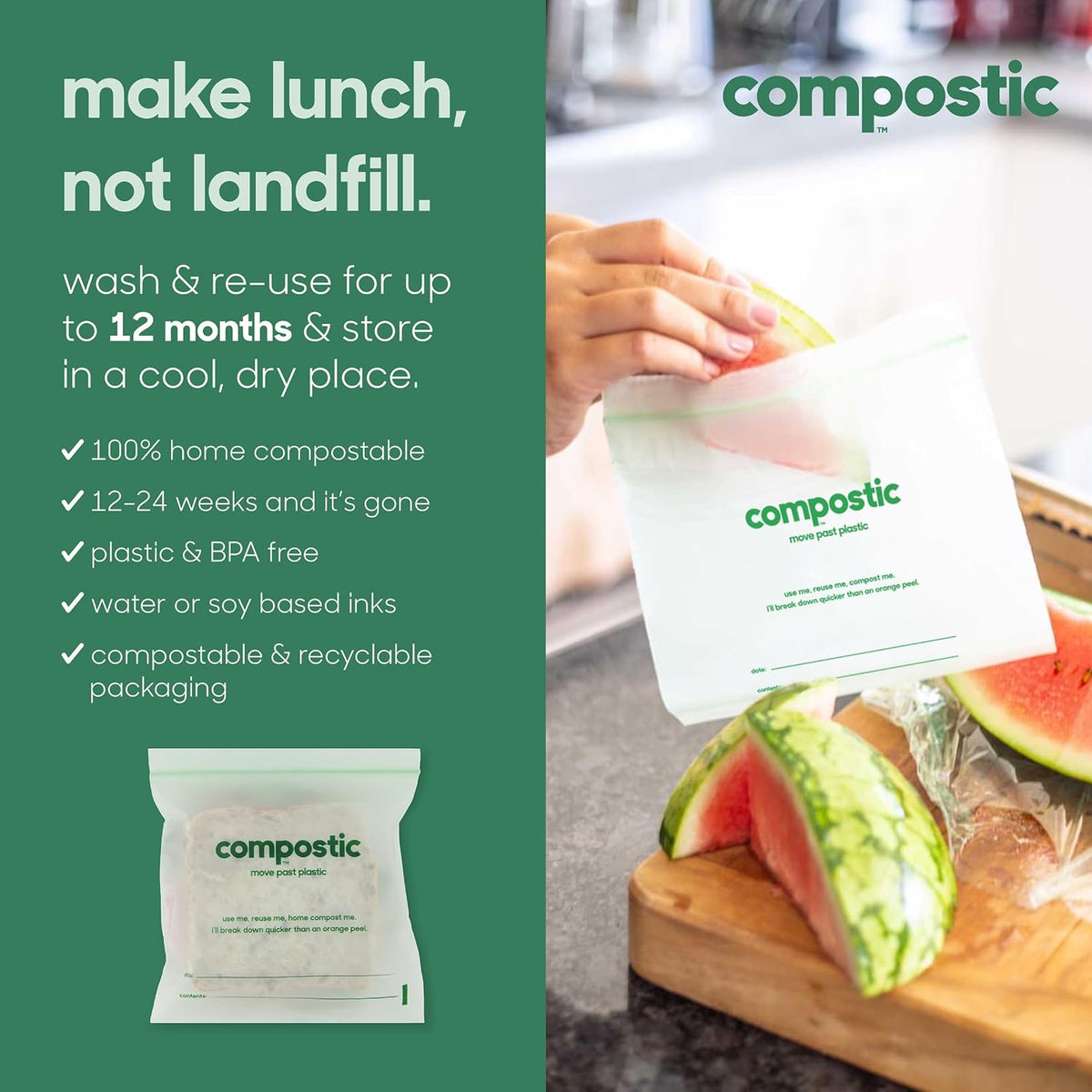 Compostable Sandwich, Snack, Gallon, Quart Bags Variety, 145 Ct