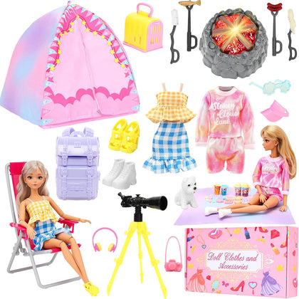35PCS Doll Camping Playset for 11.5" Girl Dolls - STEM Tent with Backpack, BBQ Grill & Stargazing Tools Pretend Play