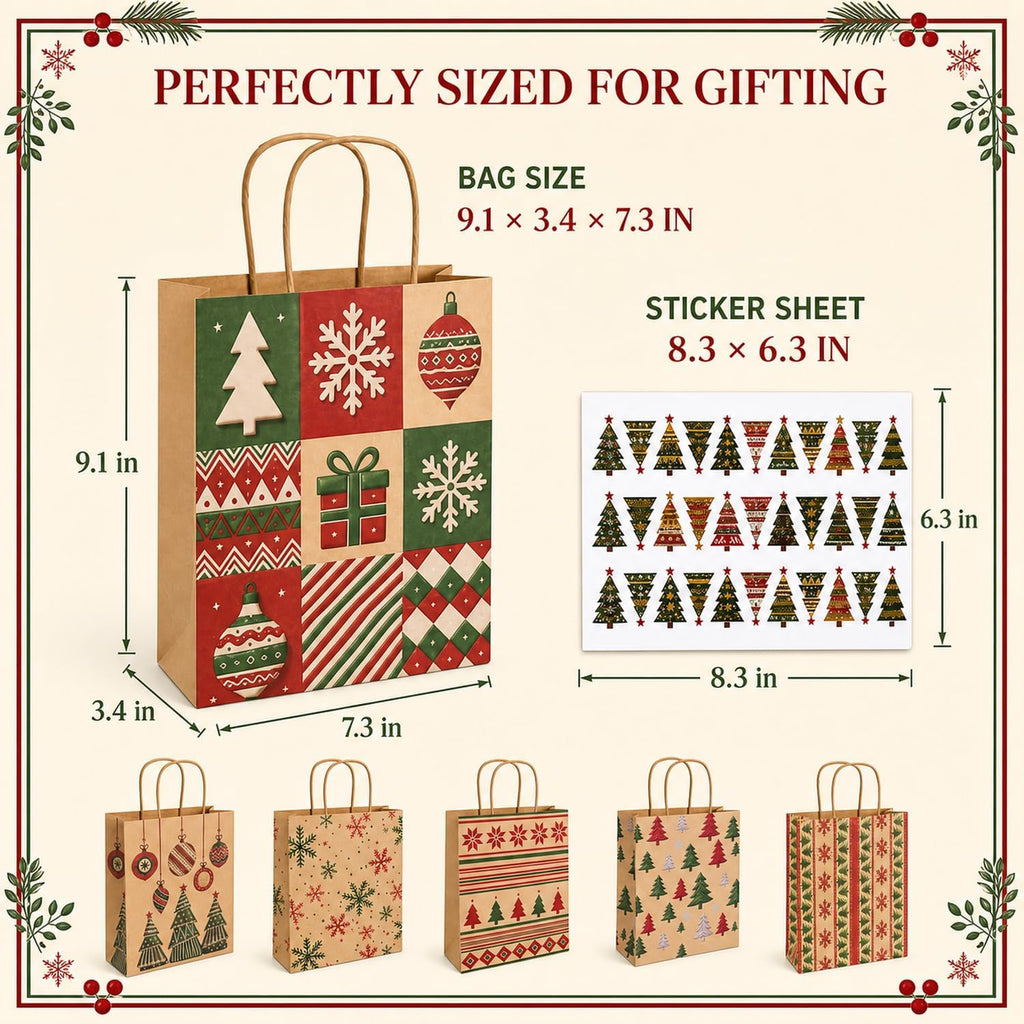 24 Pack Christmas Gift Bags with Handles, 9.1 In