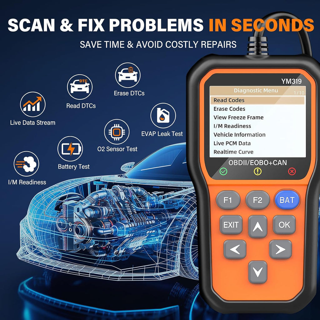 YM319 OBD2 Scanner Diagnostic Tool with Battery Tester, Scan Tool | Check Engine Fault Code Reader with Live Data