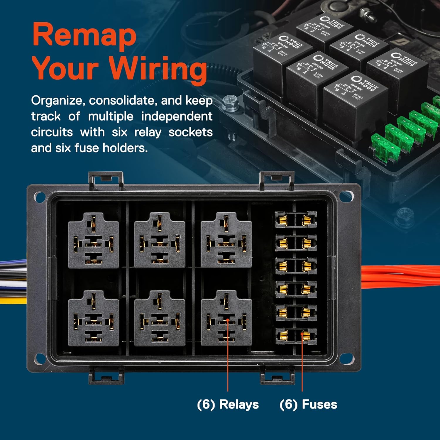 True MODS 12V Automotive Waterproof 5-Pin Prewired Relay Fuse Box Block Kit | 6 Gang 30A/40A Bosch Style Relay Block