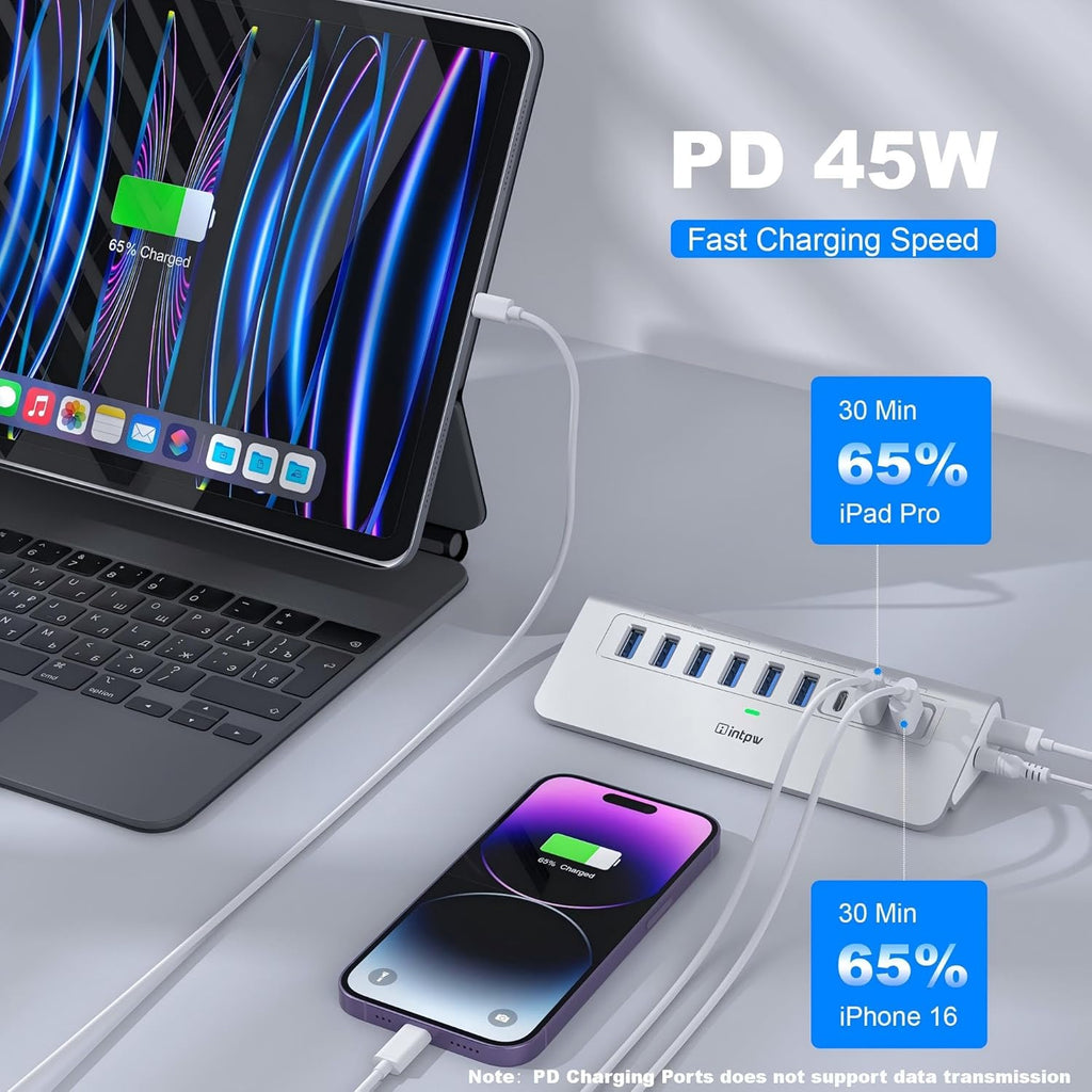 Powered USB Hub 10Gbps, intpw 9-Port USB 3.2 Hub, USB C Hub with USB A/USB C 3.2, 4 USB 3.0, 2 PD 45W Charging Ports
