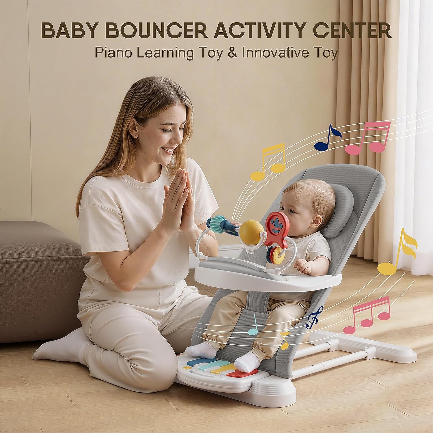 Baby Bouncer, Easy to Assemble Baby Bouncer Seat with Feeding Tray | 3 Adjustable Positions, Detachable Piano &