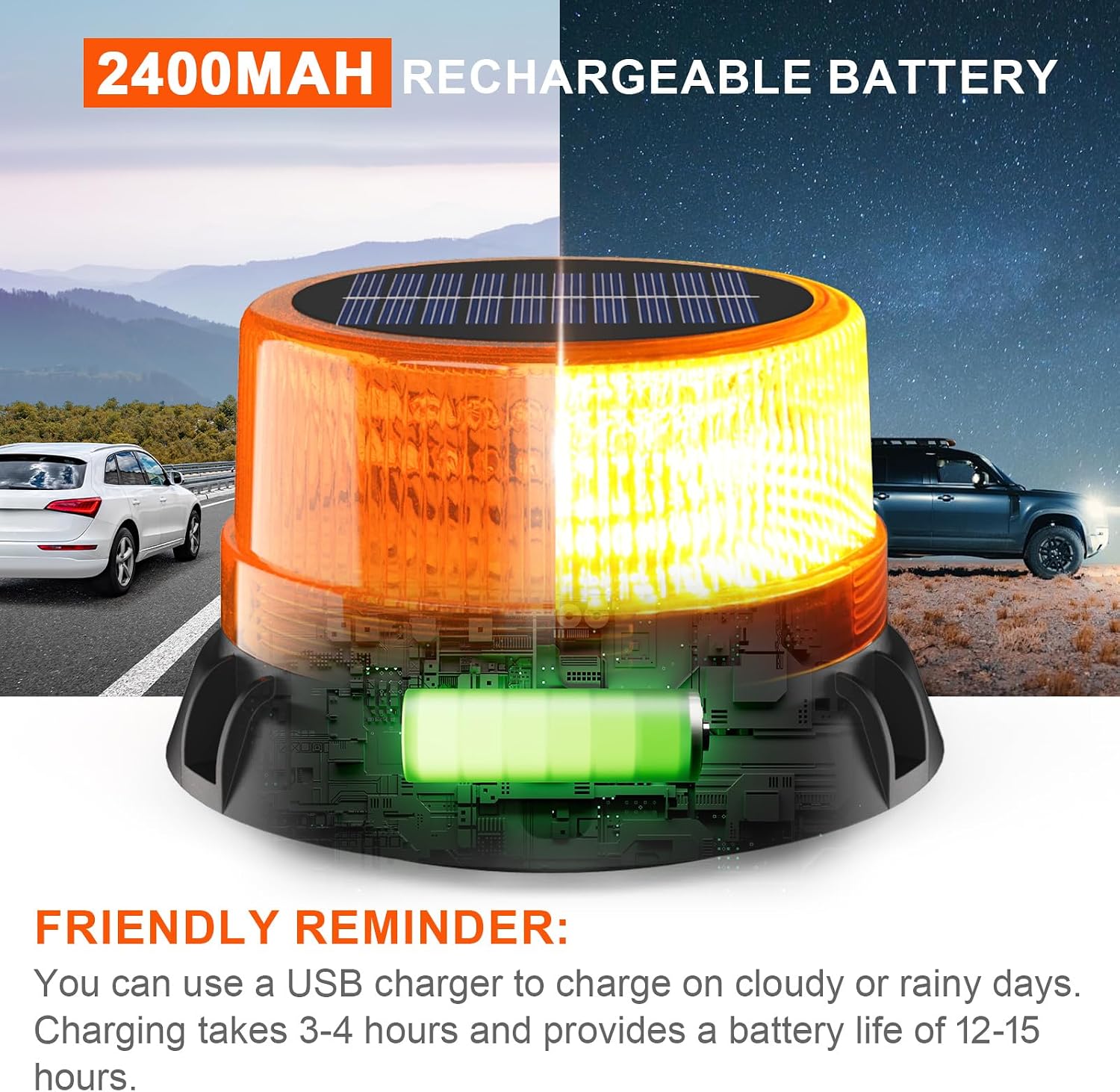 Solar Strobe Light Magnetic Waterproof LED Amber Warning Beacon Light | Wireless Solar Powered with USB Charging