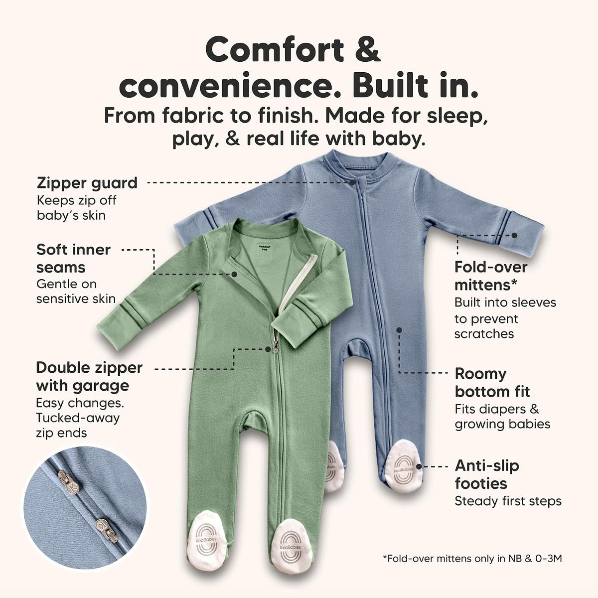 2pk Baby Pajamas Footie, Baby Sleepers, Newborn Pajamas (Slate, 0-3M)