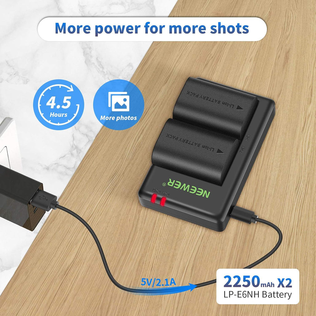 Replacement Battery and Charger Set for LP-E6NH, Compatible with Canon EOS R7, R5, R6, 5D II, 6D, 7D, 70D, 80D, 90D