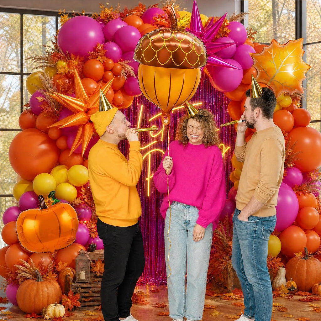 Fall Balloon Arch Kit – Thanksgiving Balloon Arch Kit | Hot Pink Orange Yellow Balloons Maple Leaf Star Foil Balloons