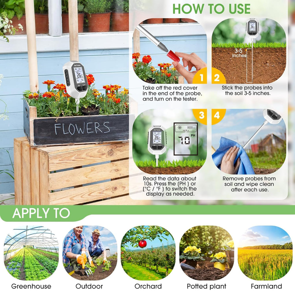 4-in-1 Soil Moisture Meter Digital Plant Temperature/Soil Moisture/pH Meter/Sunlight Intensity Backlight LCD Display