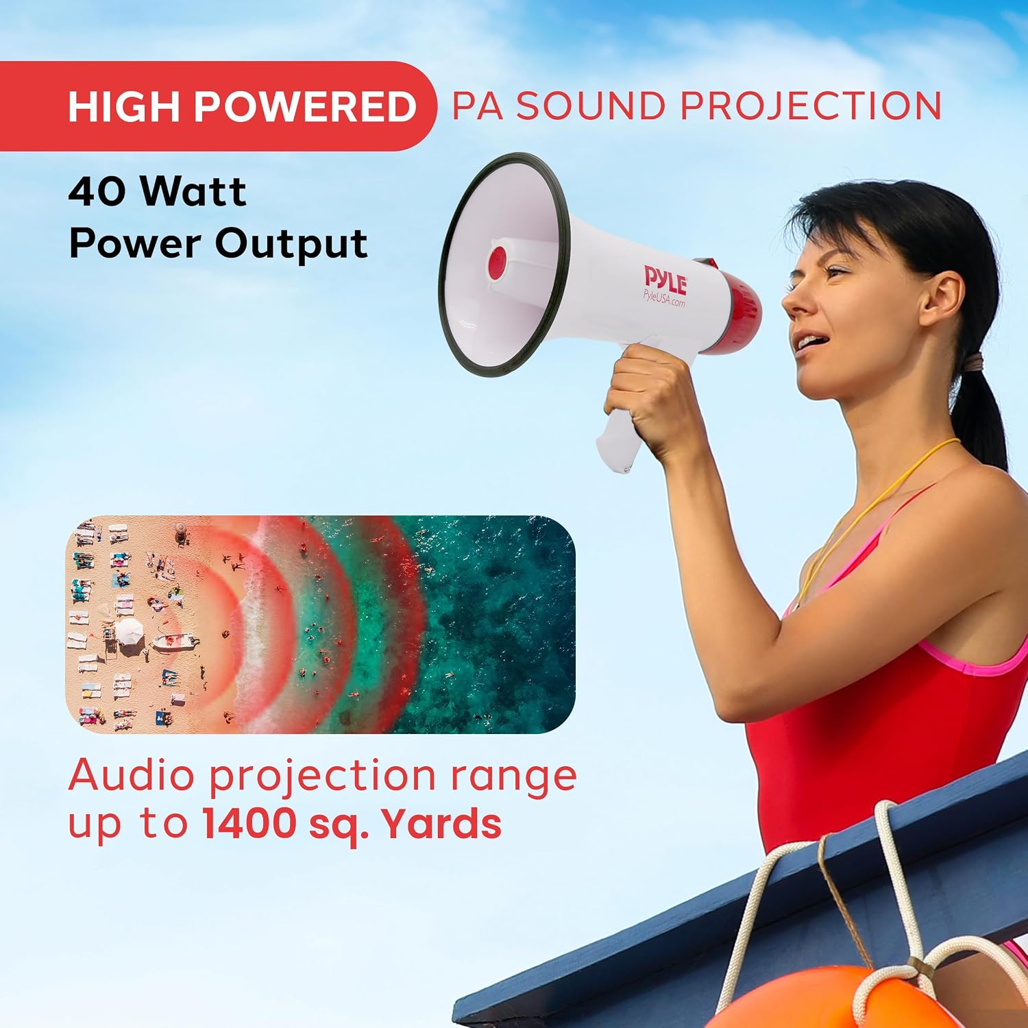 Megaphone Speaker PA Bullhorn - with Built-in Siren Rechargeable Battery, Auxiliary Jack 40 Watts & 1000 Yard Range