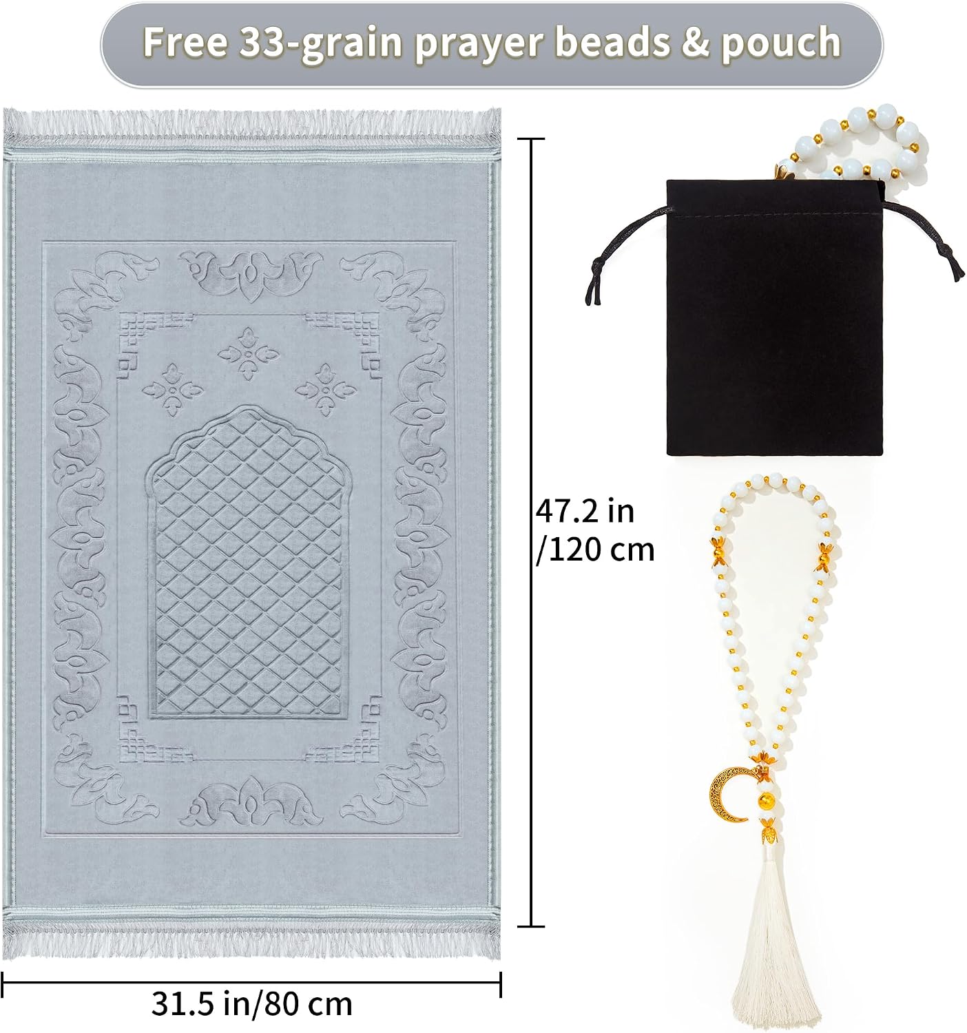 Muslim Prayer Rug with Tasbih Prayer Beads, Soft Large Prayer Matt Islam, Padded Islamic Prayer Mat Thick for Men and