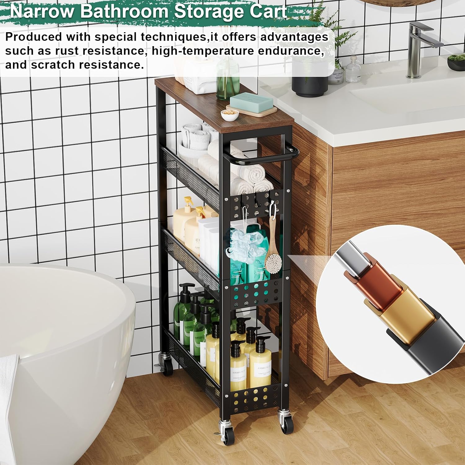 Utility Slim Rolling Cart with Table Top, Narrow Laundry Room Organization and Storage Shelves for Between Washer and