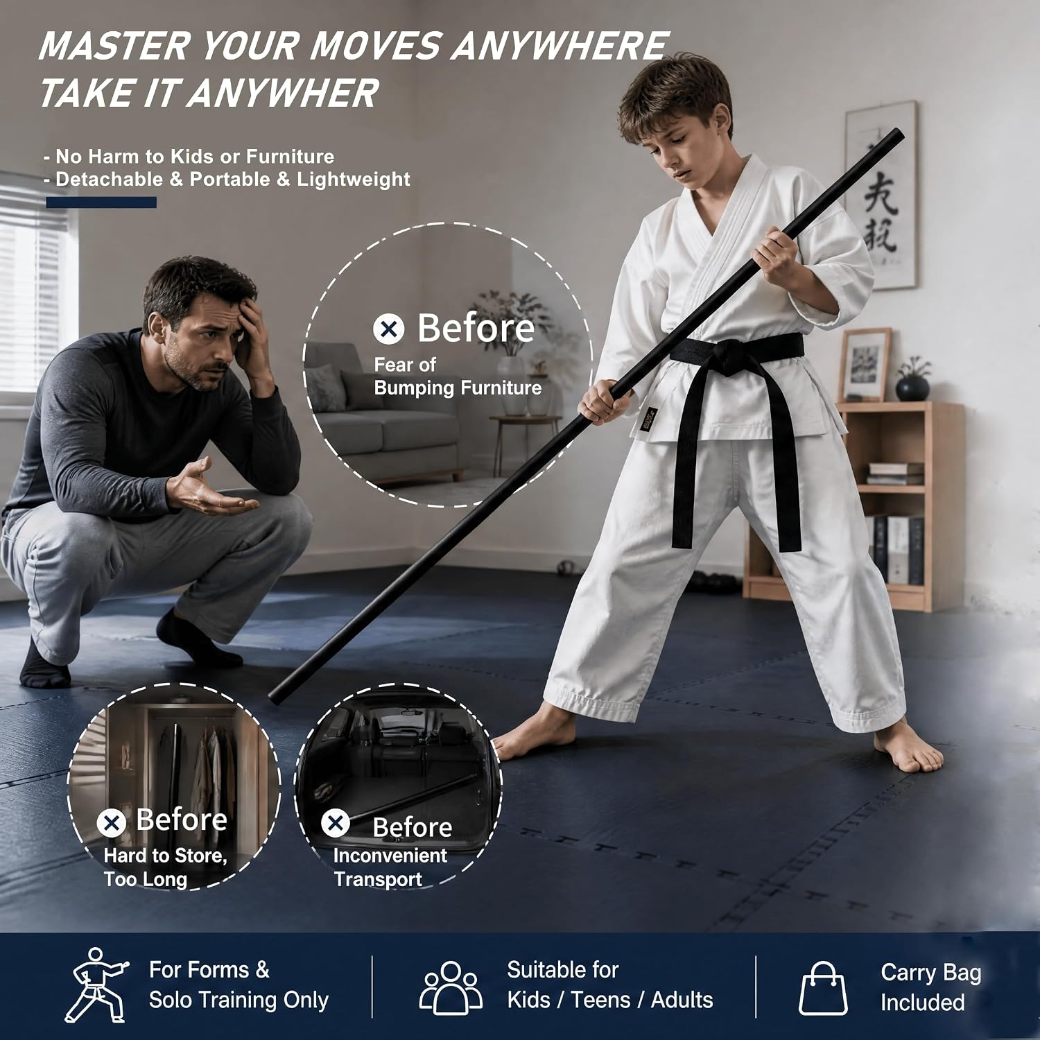 Collapsible Bo Staff 4ft & 6ft Detachable Foam Training Staff – Lightweight with Carry Bag, Safe Non-Slip Thickened