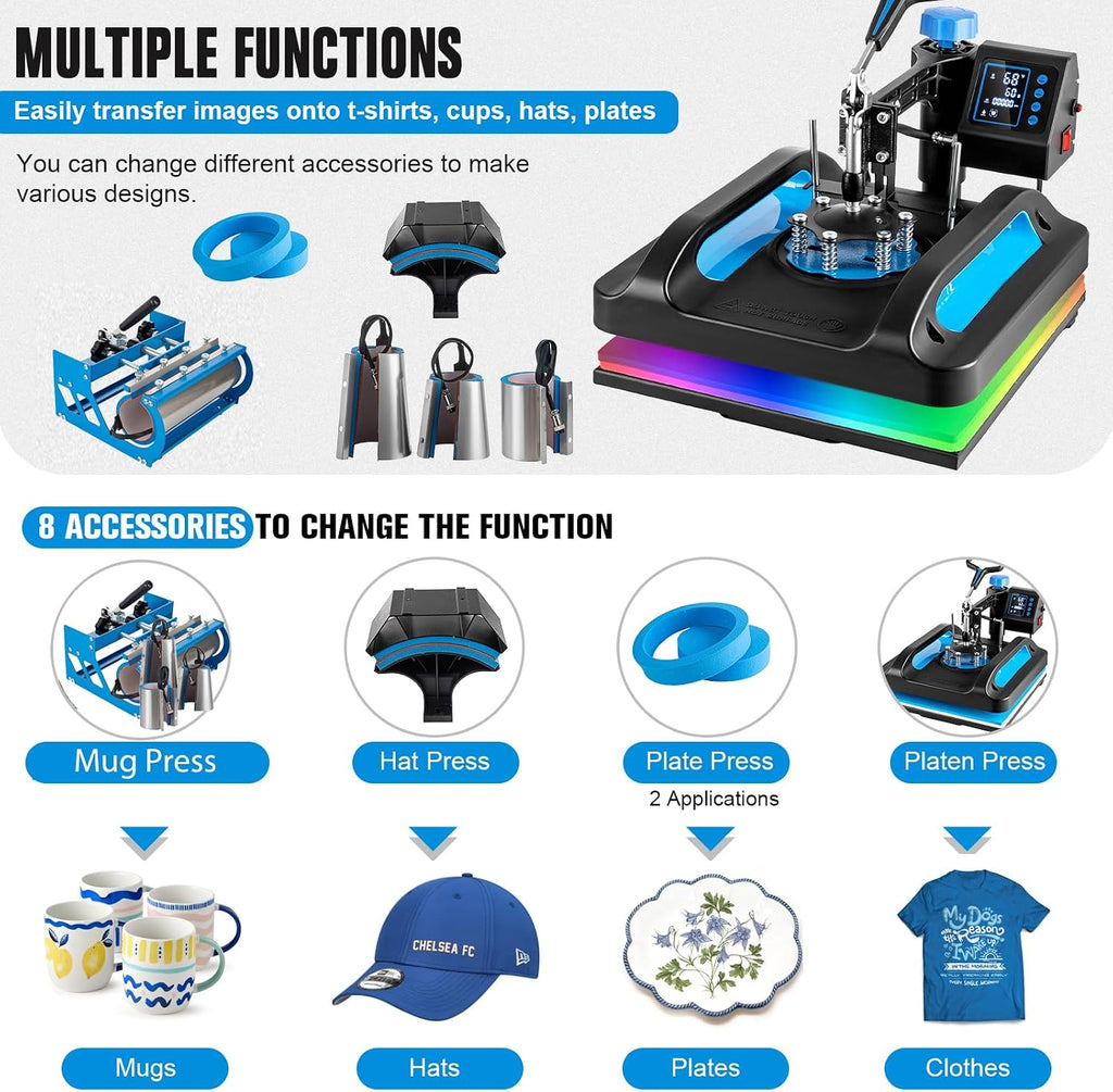 15x15 Heat Press Machine, 8 in 1 Heat Press Machine, Sublimation T Shirt Pressing Machine, 360-Degree Swing Away Heat