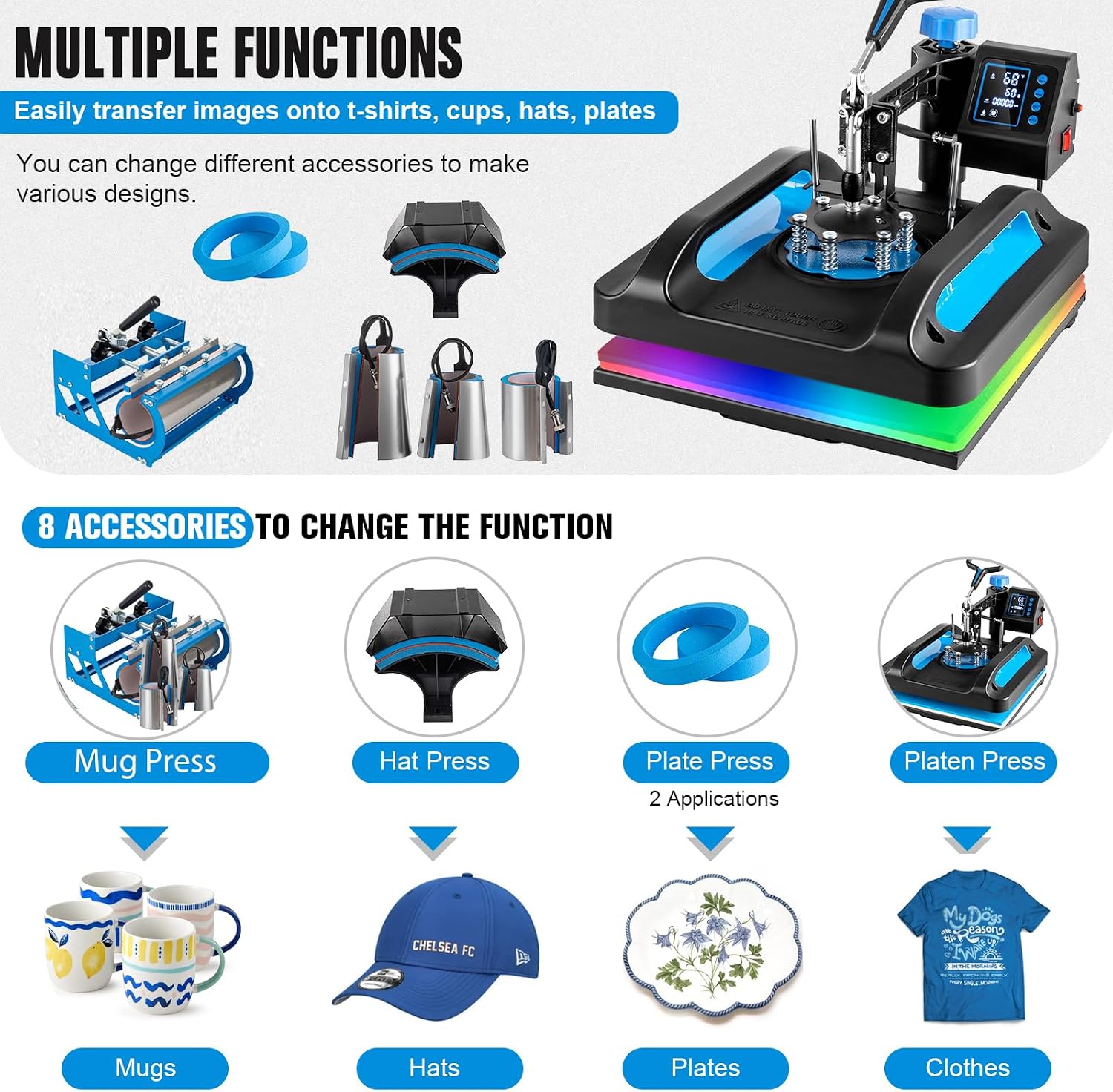 15x15 Heat Press Machine, 8 in 1 Heat Press Machine, Sublimation T Shirt Pressing Machine, 360-Degree Swing Away Heat