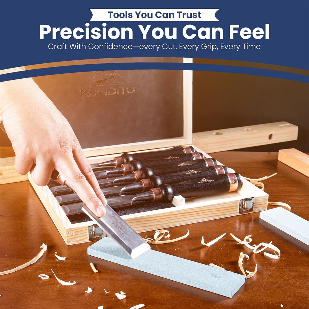 Professional Wood Chisel Set – Complete Chisel Kit with 6 CRV60 Steel Blades (6–38mm), 2 Sharpening Stones & Hardwood