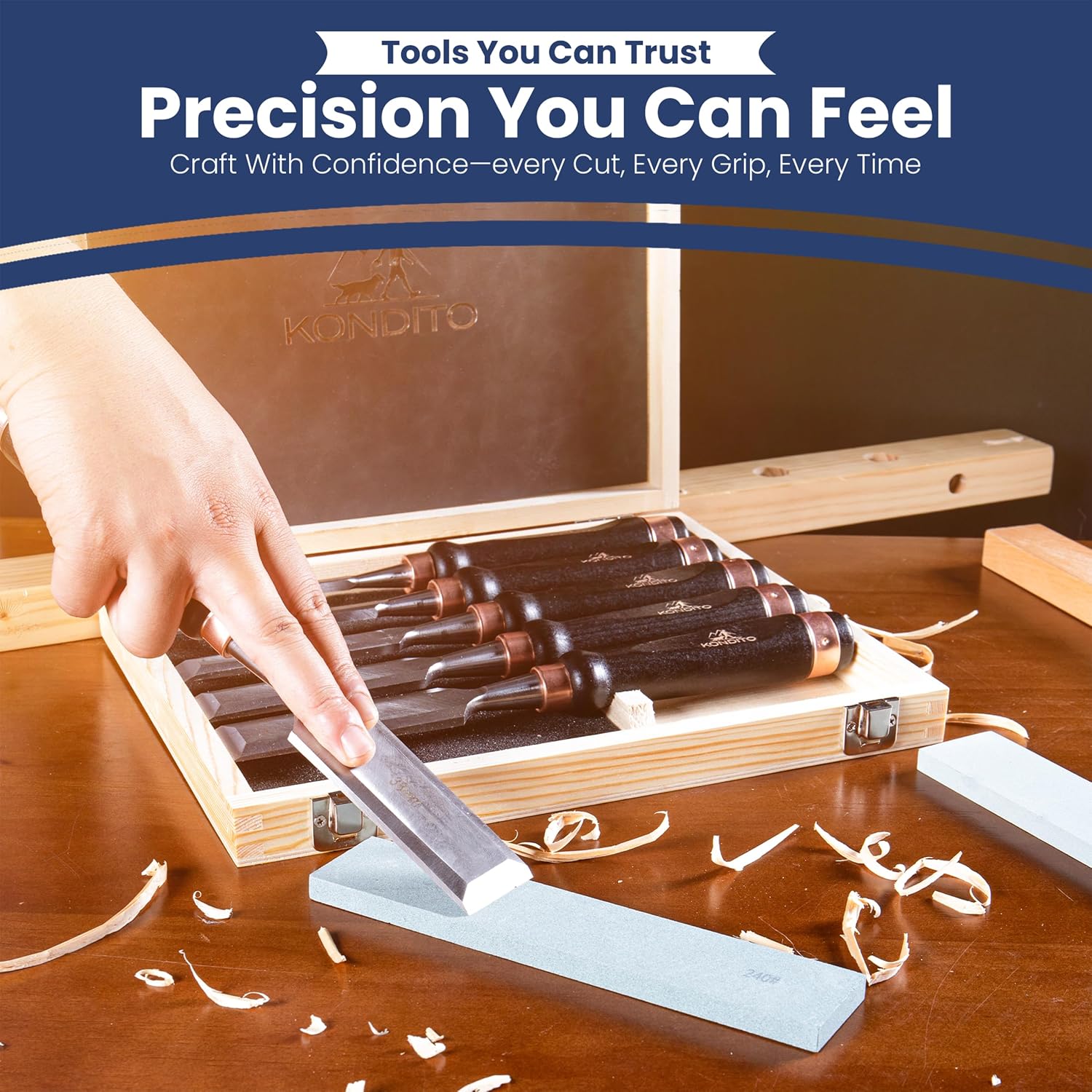 Professional Wood Chisel Set – Complete Chisel Kit with 6 CRV60 Steel Blades (6–38mm), 2 Sharpening Stones & Hardwood