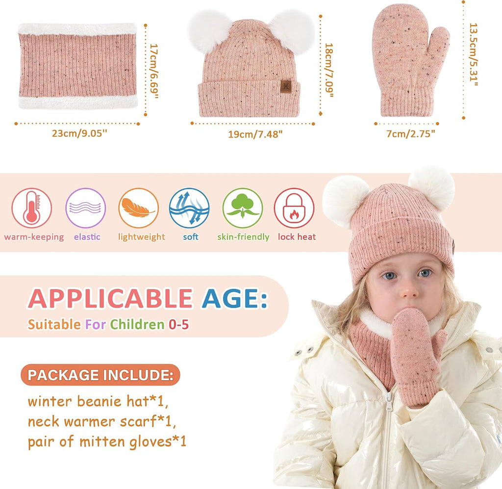 Kid Toddler Winter Beanie Hat Gloves Scarf for 0-4Y Girls | Pompoms Knit Thermal Warm Mittens for 0-6 6-12 12-18