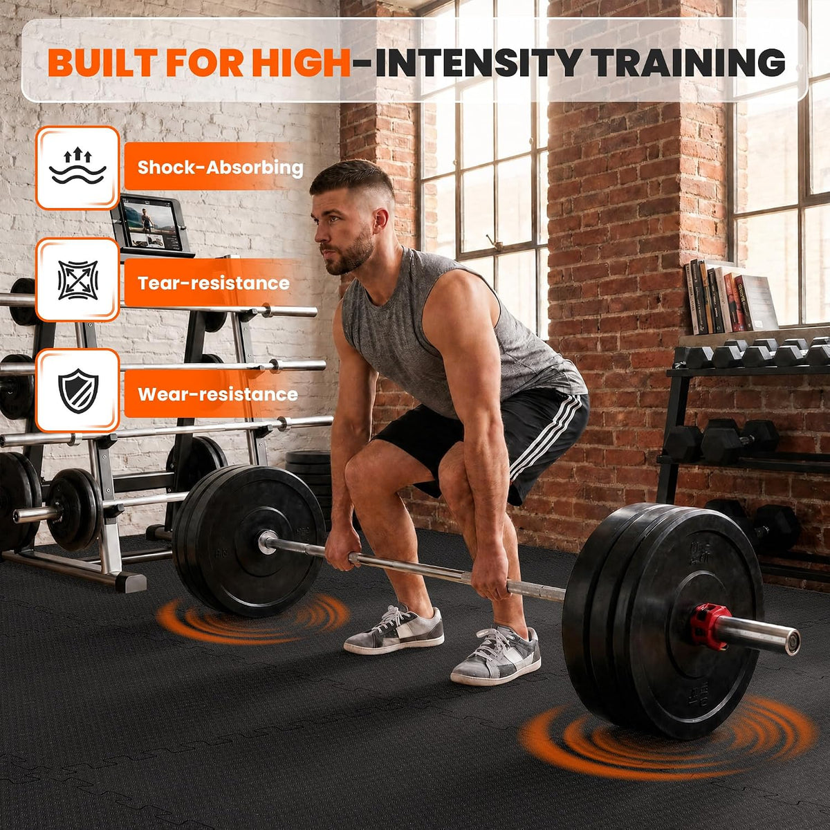 0.56" Thick 48 Sq Ft Rubber-Textured Gym Flooring for Home Gym