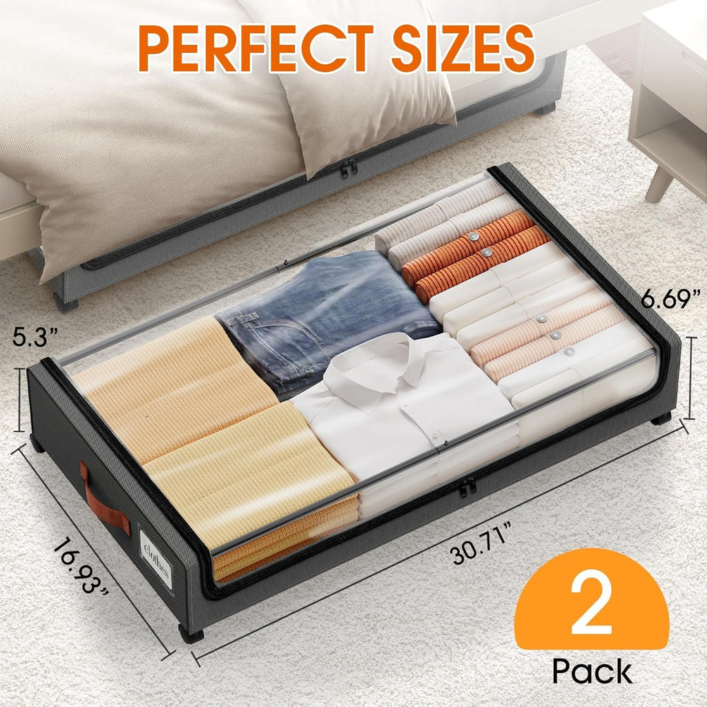 Under Bed Storage with Wheels 2Pack Storage Containers with Clear Window&Label Under Bed Drawers Rolling Under Bed