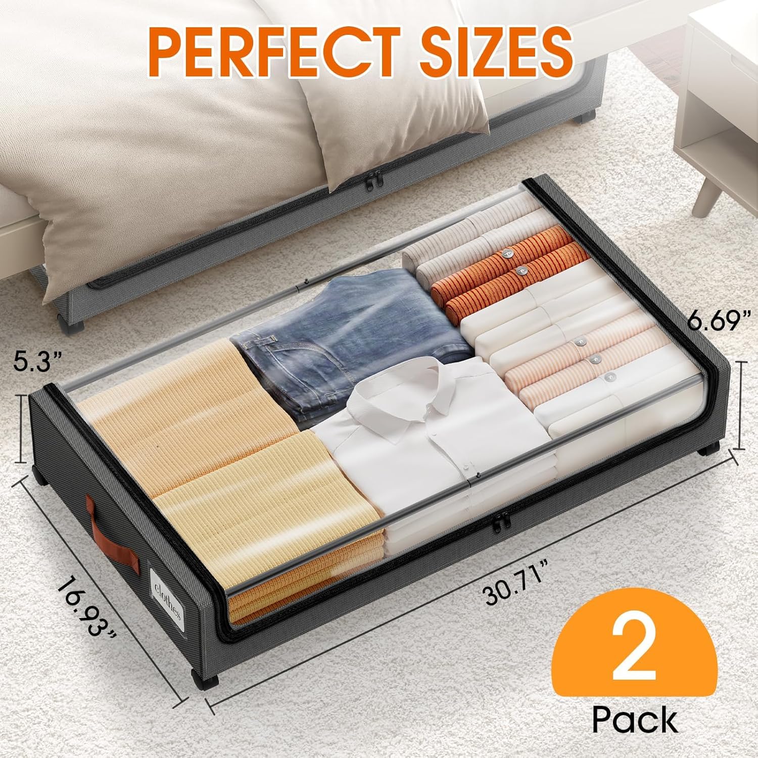 Under Bed Storage with Wheels 2Pack Storage Containers with Clear Window&Label Under Bed Drawers Rolling Under Bed
