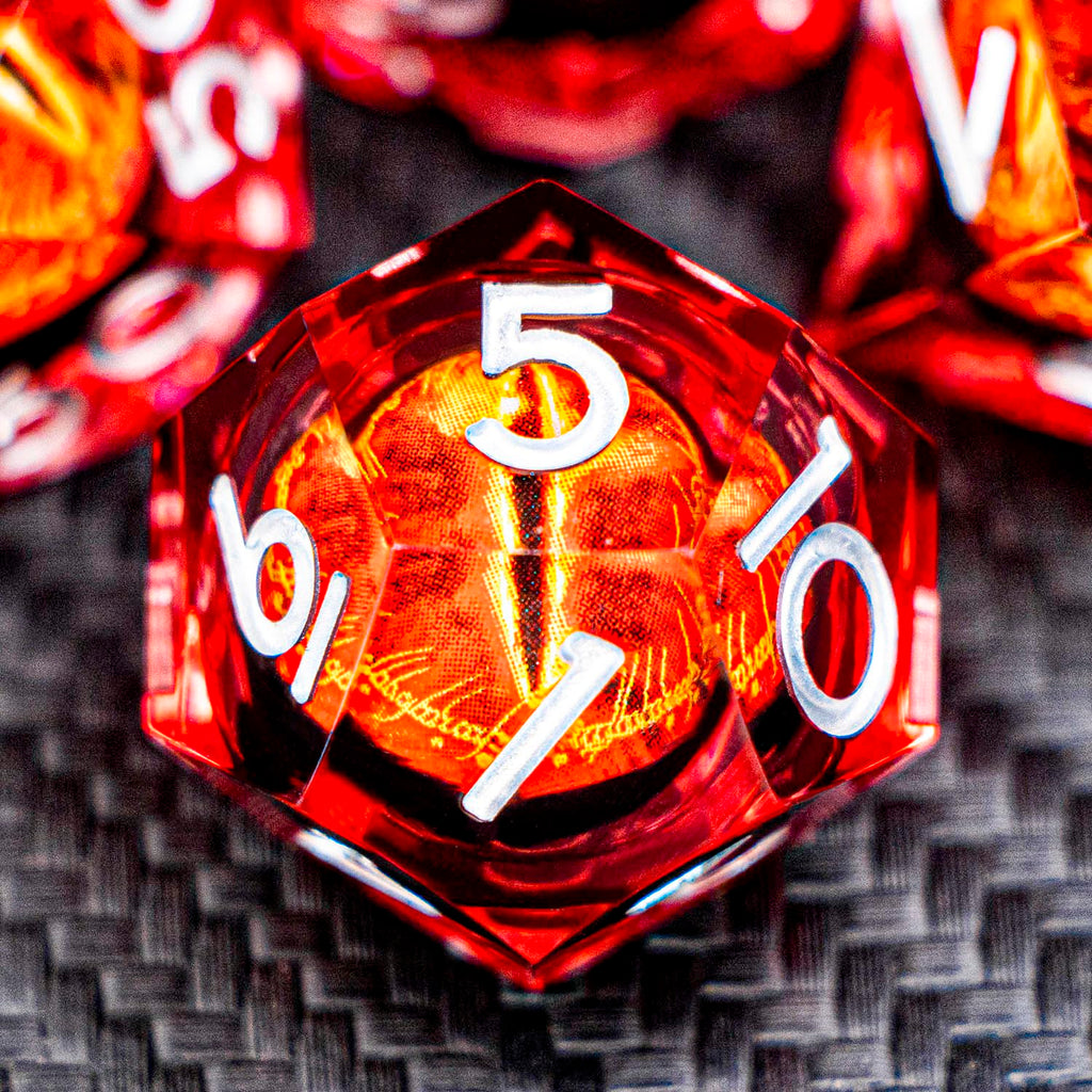 RPG Resin Dice Gazes Eye Dice Silver Red Liquid Core Flaming RPG Sharp Edged Dice Set with Gift Box, Polyhedral D and