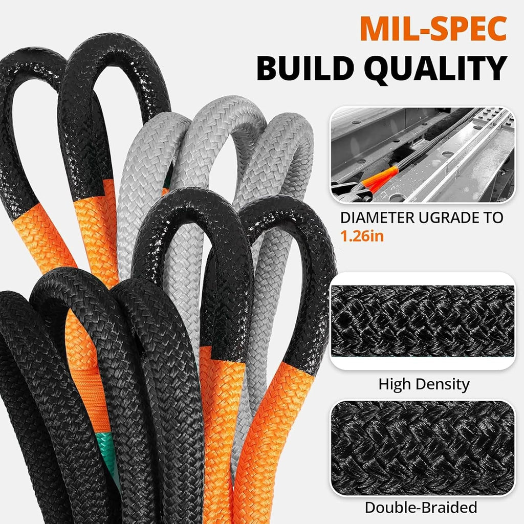 Kinetic Recovery Tow Rope: 1.26" x 30ft Snatch Strap with Soft Shackles Heavy Duty Offroad Towing Straps Kit for