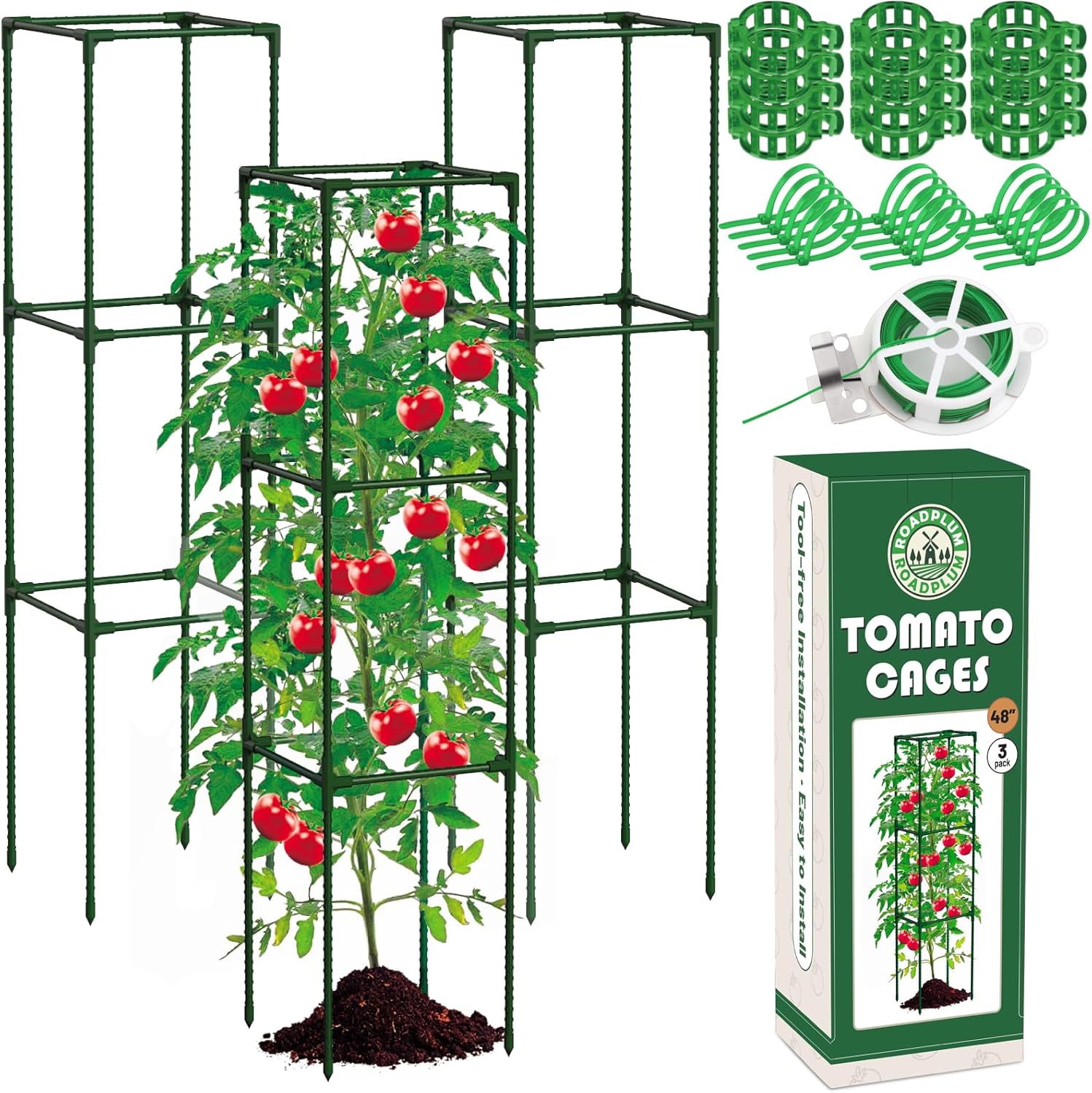 3 Pack 48" Tomato Cages for Garden, Plastic Coated Steel Pipe Heavy Duty Adjustable Tomato Stakes Trellis Plant Cages