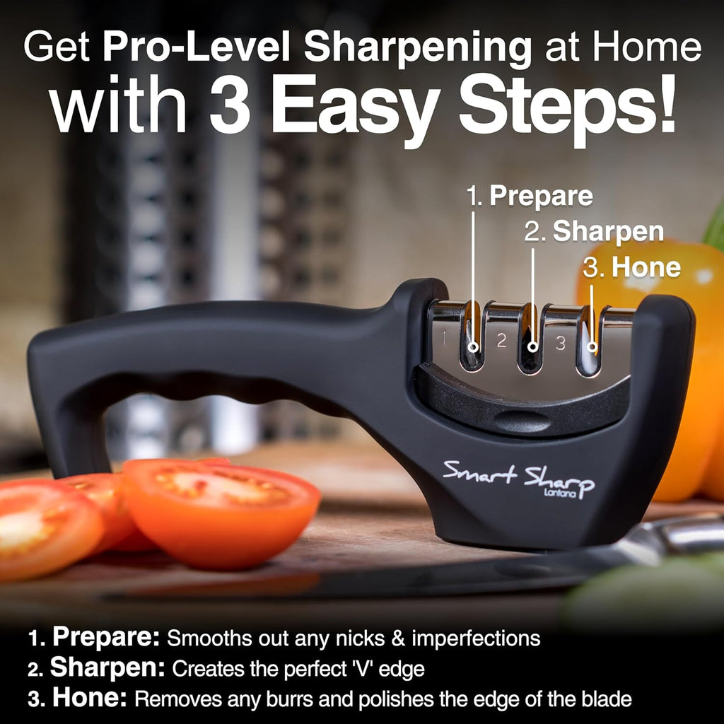 Knife Sharpener 'Smart Sharp' - Professional 3 Stage Manual Sharpener for Sharpening Kitchen Knives - Ceramic Stone