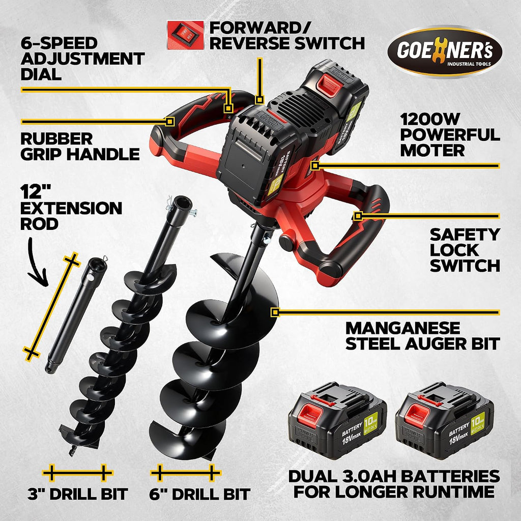 42V Cordless Auger Post Hole Digger, Post Hole Auger with 3" & 6" Drill Bits + Extension Rod, 2 Batteries, Electric