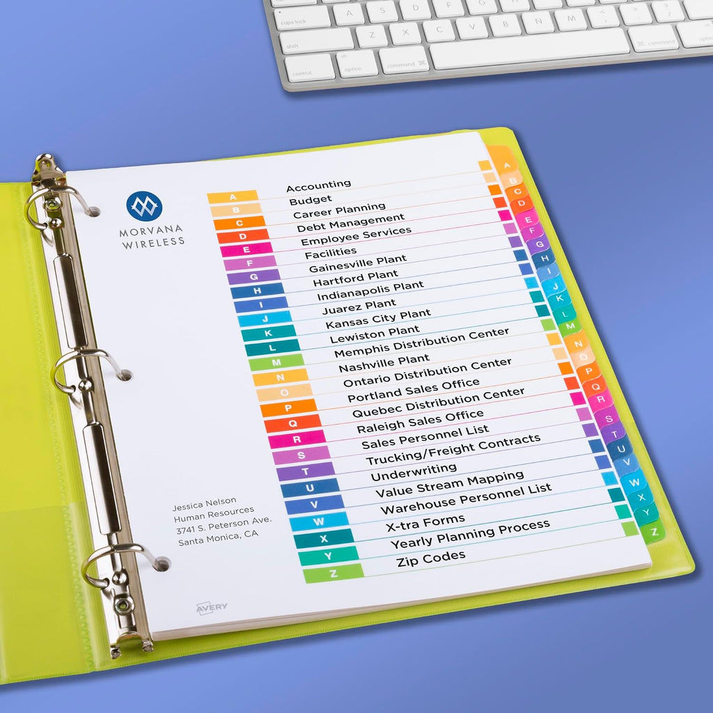 A-Z Dividers for 3 Ring Binders, 26 Tabs per Set, Customizable Table of Contents, Multicolor Tabs, Great for