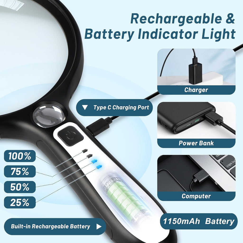 Large Magnifying Glass with Light: 10X 30X 5IN Lighted Handheld Magnifier with 13 LED Lights 3 Modes, 1150mAh